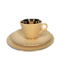 Vtg Figgjo Flint Norway Yellow Demitasse Cup Saucer Dessert Plate Gold Gilt MCM